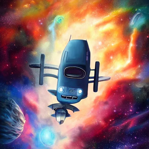 Prompt: a photorealistic concept art painting of a space van flying in front of a nebula, metal, hyper realistic, trending on artstation