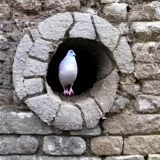 Image similar to a pigeon stuck in a loophole inside a medieval wall