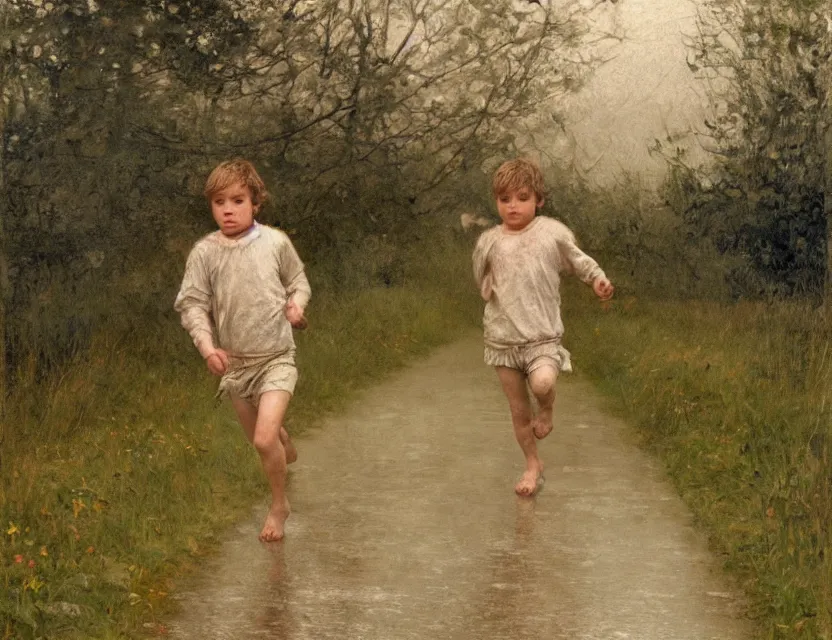 Image similar to peasant boy running under the rain, cottage core, cinematic focus, polaroid photo bleached vintage pastel colors high - key lighting, soft lights, foggy, by steve hanks, by lisa yuskavage, by serov valentin, by tarkovsky, 8 k render, detailed, oil on canvas