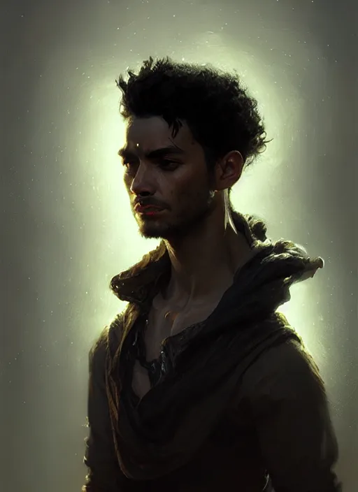 Prompt: portrait of an ancient traveller, a rough young man with black hair, intricate, elegant, glowing lights, highly detailed, digital painting, artstation, concept art, smooth, sharp focus, art by wlop, mars ravelo and greg rutkowski