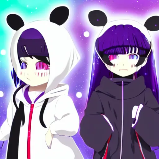 Prompt: two girls, a girl with short white hair and polar bear ears wearing an open black coat, another girl with long black hair wearinga purple hoodie with red eyes, anime key visual art, anime artystyle