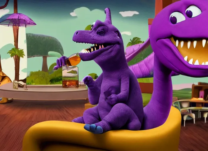 Prompt: retired barney, sitting in a lounge, sipping whiskey and smoking a cigar in the new barney the dinosaur show, 4 k