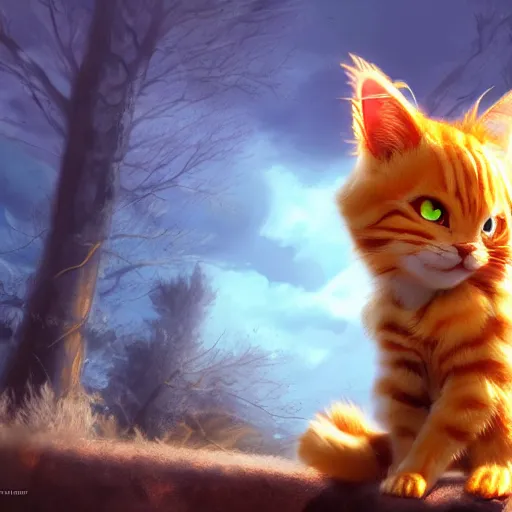 Image similar to tabby cat with goku hairstyle, golden hour, fantasy, sharp focus, digital art, hyper realistic, 4 k, unreal engine, highly detailed, hd, dramatic lighting by brom, trending on artstation