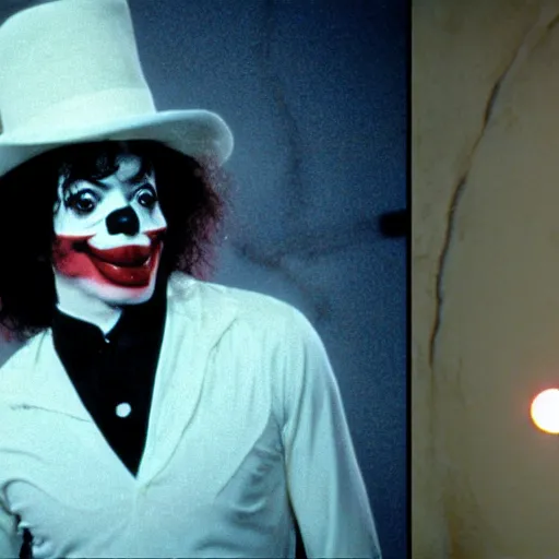 Image similar to a cinematic film still from a 1980s horror film about a Michael Jackson clown, vintage, color film still, moon lighting