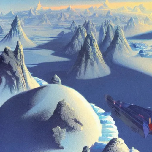 Image similar to Frozen frontiers on an alien planet, floating mountains above clouds in the background, vanishing perspective of a road, ravine, Syd Mead, John Harris, Federico Pelat,