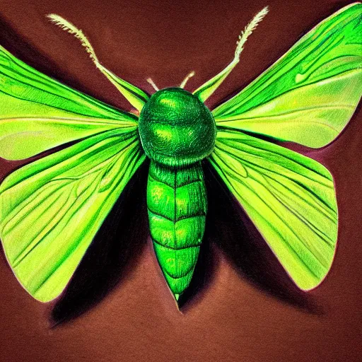 Prompt: a detailed portrait of a magic green moth, art illustration, incredibly highly detailed and realistic, 8 k, sharp focus