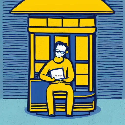 Prompt: a beautiful illustration of a man reading a book in coffee shop corner. blue and yellow color scheme. by tomhaugomat