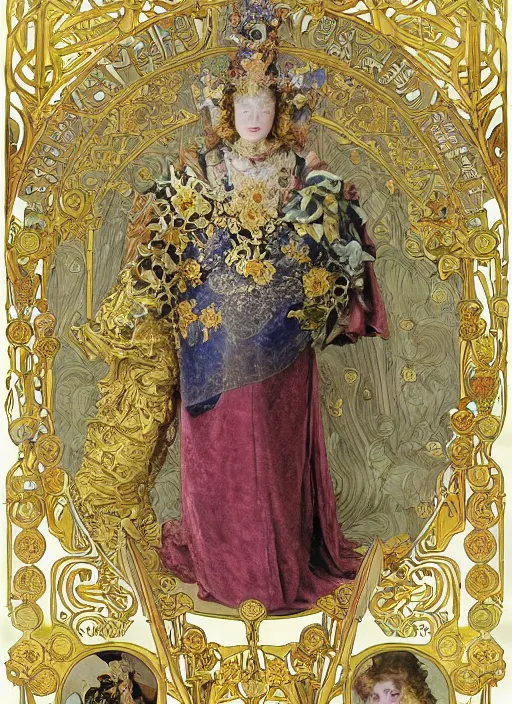 Image similar to a magnificent robot young queen elizabeth of england, neo - rococo gilded engraved armor with precious stones, a heavy richly embroidered velvet cloak, with lush rose bush all around, by victor ngai, alphonse mucha, william bouguereau, william morris, symmetrical features, symmetrical pose, wide angle shot, head to toe, standing pose, feet on the ground