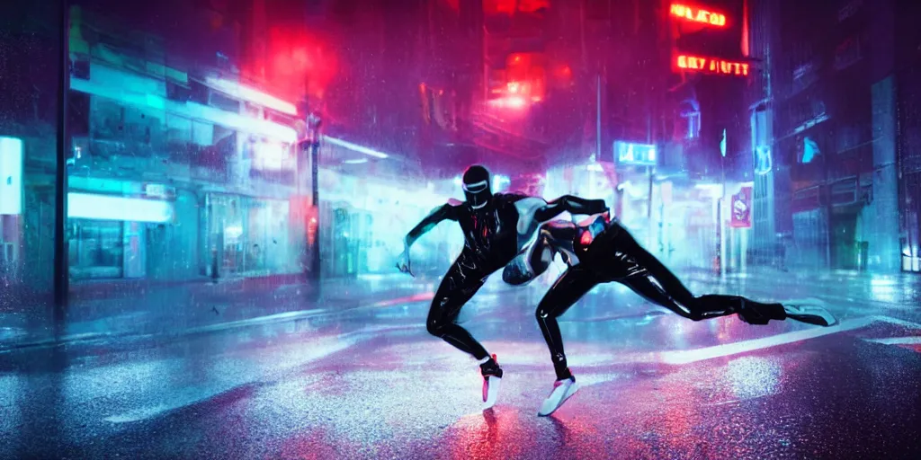 Image similar to cinematic camera wide angle of slow motion film still of futuristic break dancer wearing latex with neon lights, long exposure shot , at night in the middle of a rainy and foggy street, paddle of water, water splashes, rim lights, glossy reflections, water droplets on lens, octane render, detailed and soft, by laurie greasley