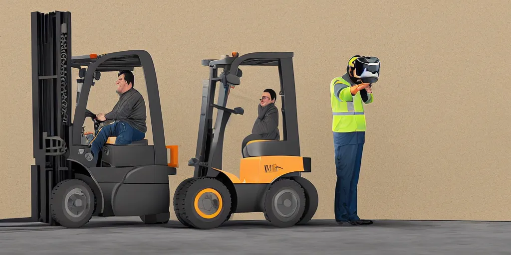 Image similar to forklift operator with a vr headset breaking a wall