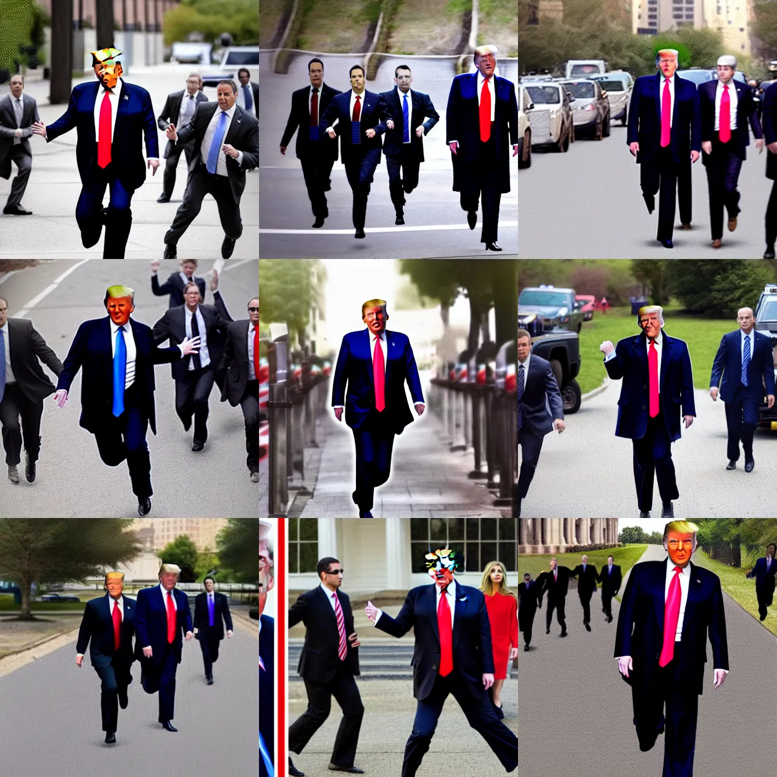 Prompt: donald trump running away from fbi agents in suits!! in his heart printed pyjamas, detailed photograph