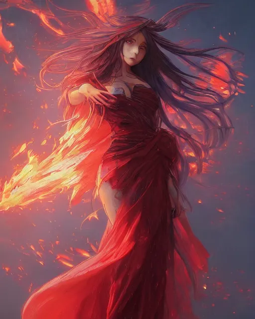 Image similar to red eyed beautiful long haired anime girl, fire dress, full body photo, flames everywhere, highly detailed, digital painting, artstation, concept art, smooth, sharp focus, illustration, art by artgerm and greg rutkowski and alphonse mucha