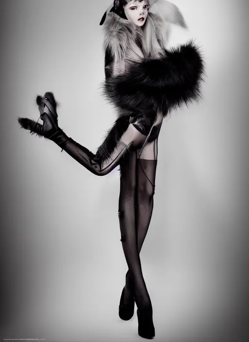 Prompt: full body environmental portrait photo of dressed catgirl anya taylor - joy, cat ears, fur, glamour shot by gemmy woud - binnendijk, chris knight, photorealistic, canon r 3, high fashion photography, elegant, luxury and elite, symmetry, octane render, unreal engine, solid dark grey background, dramatic studio lights, high fashion journal cover