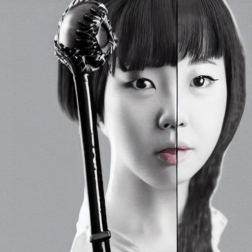 Image similar to photo of Chuu Kim Ji-woo from LOONA dressed as Negan, mischievous look with her barbed baseball bat Lucille, in the style of George Hurrell, white fog, octane render