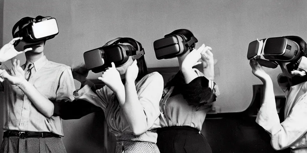 Image similar to people from the 1 9 5 0 s playing with virtual reality goggles