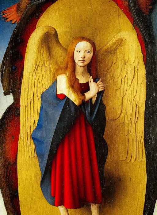 Prompt: fallen angel dressed in red with wings by Jan van Eyck, Hieronymus Bosch, Johannes Vermeer 4k post-processing, highly detailed medieval painting