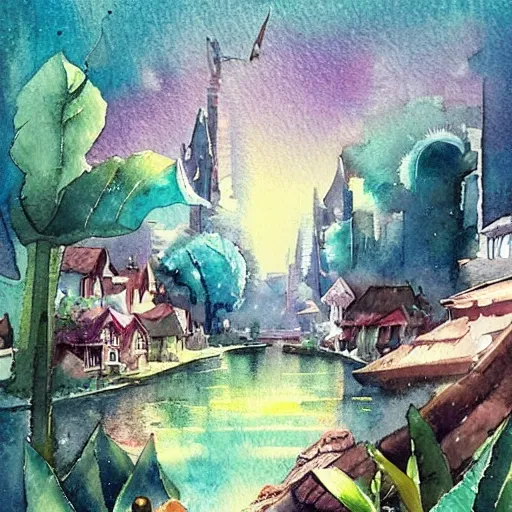 Image similar to Beautiful happy picturesque charming sci-fi town in harmony with nature. Beautiful light. Water and plants. Nice colour scheme, soft warm colour. Beautiful artistic watercolor by Lurid. (2022)