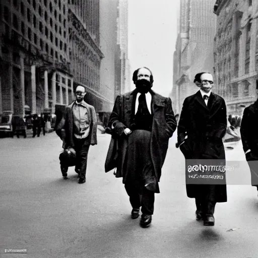 Prompt: a photograph of Karl Marx walking down wall street in New York