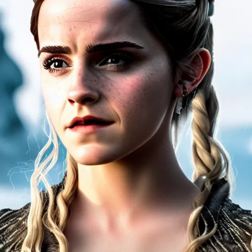 Image similar to Emma Watson as Daenerys Targaryen, XF IQ4, f/1.4, ISO 200, 1/160s, 8K, Sense of Depth, color and contrast corrected, Nvidia AI, AI enhanced, Dolby Vision, in-frame