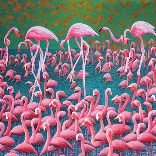 Image similar to a painting of an artist surprised at flamingos flying out of a canvas, art by scott fischer