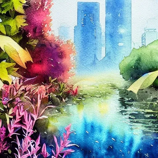 Image similar to Beautiful happy picturesque charming sci-fi city in harmony with nature. Beautiful light. Water and plants. Nice colour scheme, soft warm colour. Beautiful detailed watercolor by Lurid. (2022)