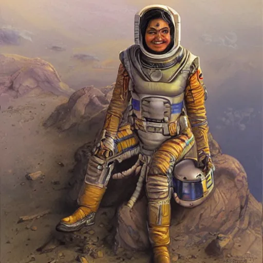 Prompt: a female space cadet from india, resting after a hard mission, happily tired, sci fi character portrait by Donato Giancola