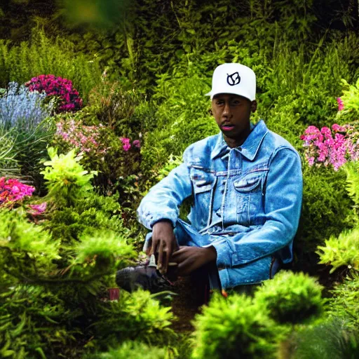 Image similar to A photo of Tyler the Creator sitting in the middle of a garden, 8K concept art, dreamy, garden, bushes, flowers, golden hour, vintage camera, detailed, UHD realistic faces, award winning photography, cinematic lighting