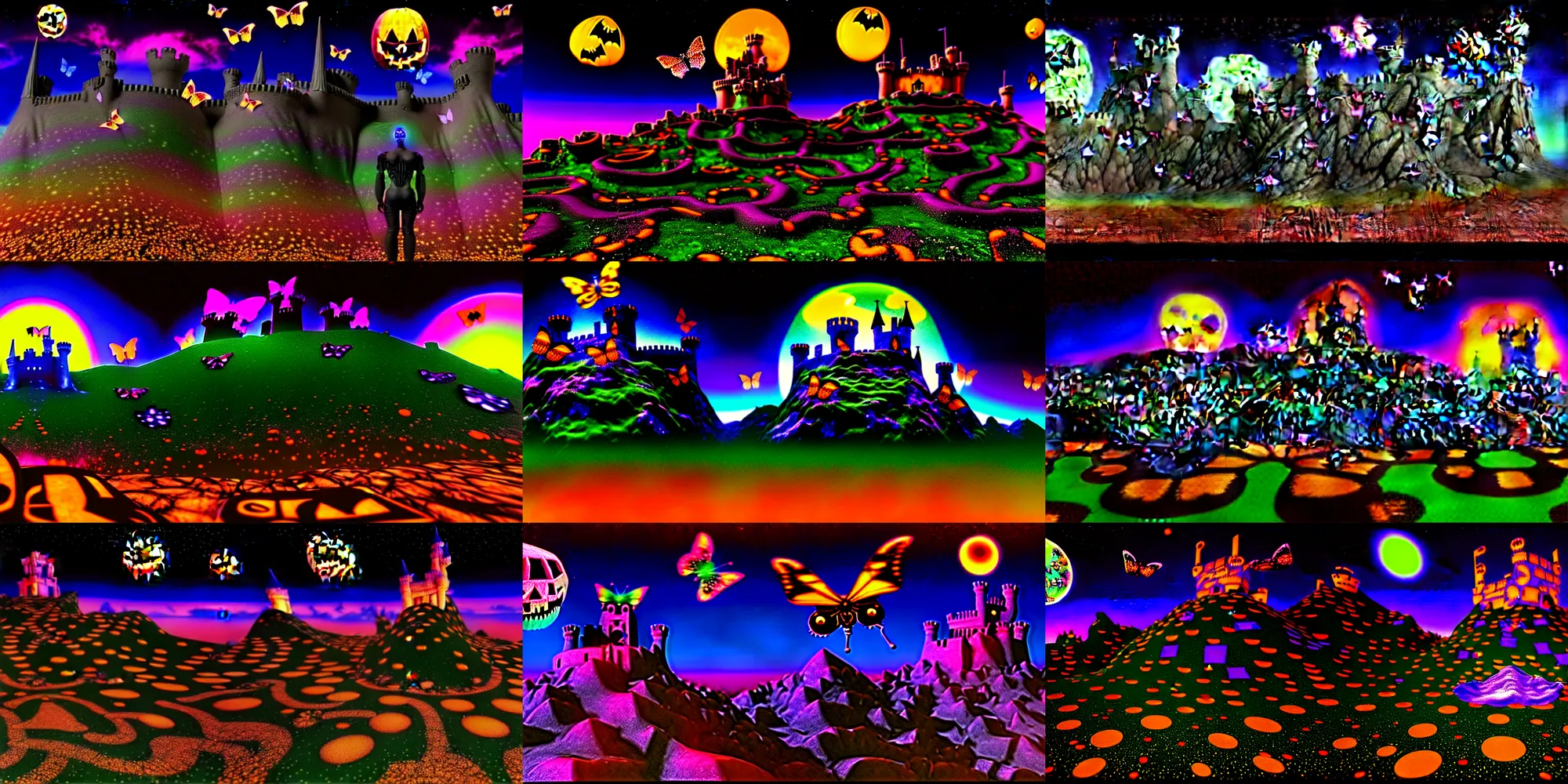 Prompt: 3 d render of cyborg demon standing in cybernetic desserts filled mountain landscape with halloween castle ruins against a psychedelic surreal background with 3 d butterflies and 3 d flowers n the style of 1 9 9 0's cg graphics against the cloudy night sky, lsd dream emulator psx, 3 d rendered y 2 k aesthetic by ichiro tanida, 3 do magazine, wide shot