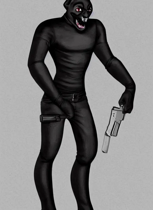 Image similar to concept art of a comic book character wearing a full body black spandex with white eyes, and drawn sharp teeth on the jaw. wearing a black leather jacket. holding a glock. hd. artstation. digital painting.