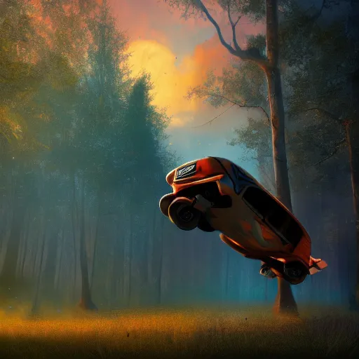 Image similar to flying car in futuristic spiritual mystical post apocalyptic forest by ron gilbert, dim painterly volumetric aquatic sunset lighting, beautiful, crisp, artstation, highly detailed