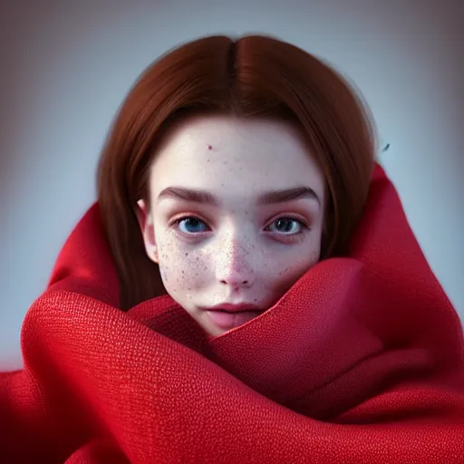 Prompt: portrait of a cute thin young woman, red blush, cute freckles wearing casual clothes, small smile, relaxing on a couch, cozy under a blanket, cozy living room, close up shot, 8 k, octane render, trending on artstation, art by artgerm and irakli nadar,, hyperrealism, hyperdetailed, ultra realistic
