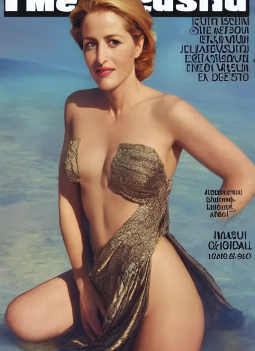 Prompt: A photo of a gorgeous Gillian anderson on the cover of Swimsuit Illustrated 1960 in the aesthetic of mert and marcus, masterpiece, intricate, elegant wardrobe, highly detailed, digital painting, artstation, concept art, smooth, sharp focus, illustration, art by artgerm and james jean and greg rutkowski and alphonse mucha