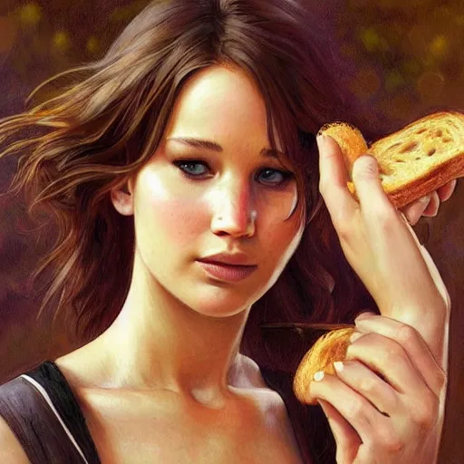 Image similar to an attractive young female eating a sandwich, jennifer lawrence, olive skin, long dark hair, beautiful bone structure, intricate, elegant, highly detailed, digital painting, artstation, concept art, smooth, sharp focus, illustration, art by artgerm and greg rutkowski and alphonse mucha