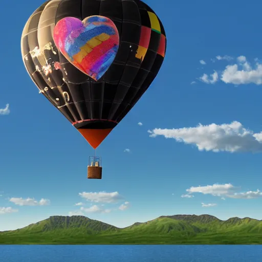 Image similar to realistic extremely detailed photo of a hot air balloon with a picture of two black swans swimming, touching heads, forming a heart with their necks flying above a reflective mountain lake, granular detail, holographic krypton ion, octane render, 4k, f32,55mm photography, wide angle