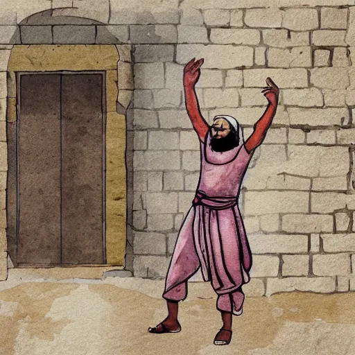 Image similar to award winning cinematic still of 40 year old Mediterranean skinned man in ancient Canaanite clothing building a broken wall in Jerusalem, ink and color watercolor in the style of a 2022 modern illustration