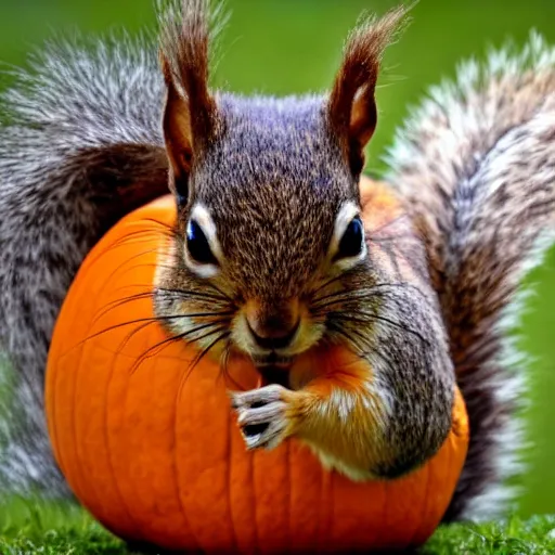 Image similar to squirrel with pumpkin on head