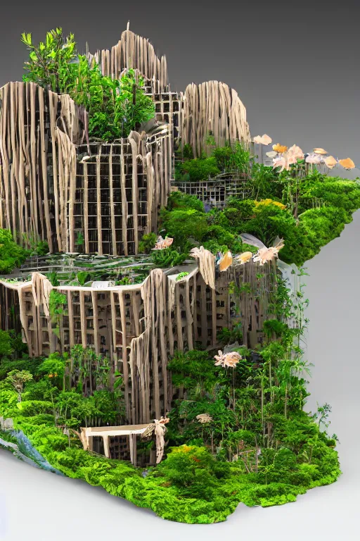 Image similar to 3 d printed physical model organic flowy including more than one city into one vertical building model that sits on a table in a room with a view back, multiple stories, wooden, with vegetation, colorful, eye - level view, 8 0 k, octane render, highly detailed 3 d render,