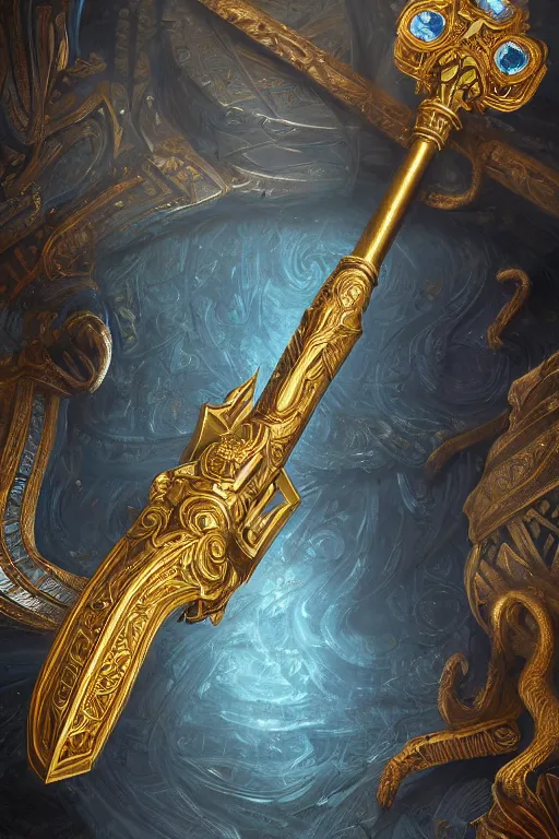 Image similar to fantasy greg rutkowski digital painting of an ornate and royal egyptian old twisted ornate engraved with gold wooden staff weapon with a radiant blue crystal on top tip hovering, unreal engine, hyper realism, realistic shading, cinematic composition, blender render, octane render, hdr, detailed textures, photorealistic, 3 5 mm film