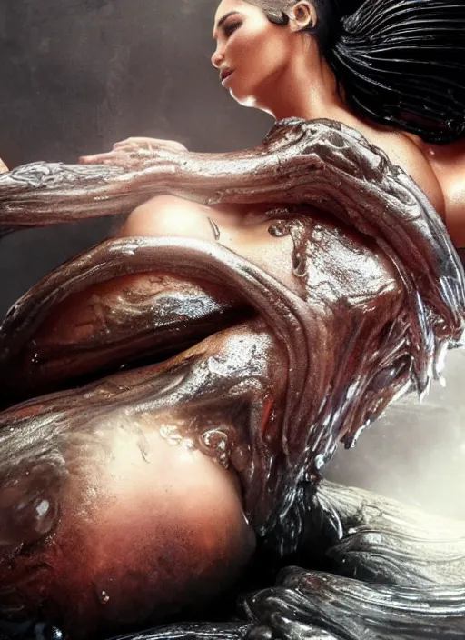 Image similar to film still of kim kardashian being licked by an xenomorph slathered in a transparent alien liquid, wet flowing hair, gooey skin, illustration, unreal engine 5, 8 k, directed by h. r. giger.