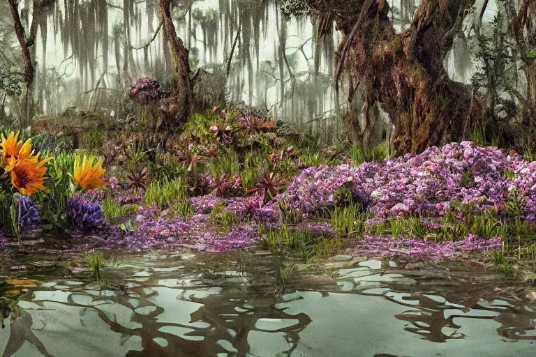 Image similar to hyperrealism, scene from louisiana swamps, spaceship, spring blooming flowers garden, true detective, 8 0 s japanese sci - fi books art