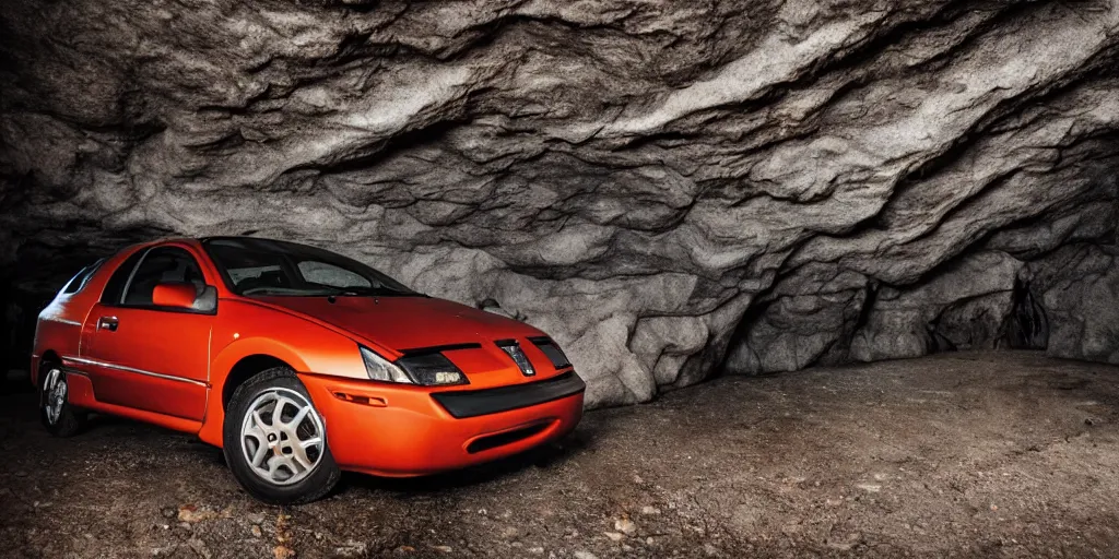 Image similar to a pontiac sunfire, in a dark cave, photography