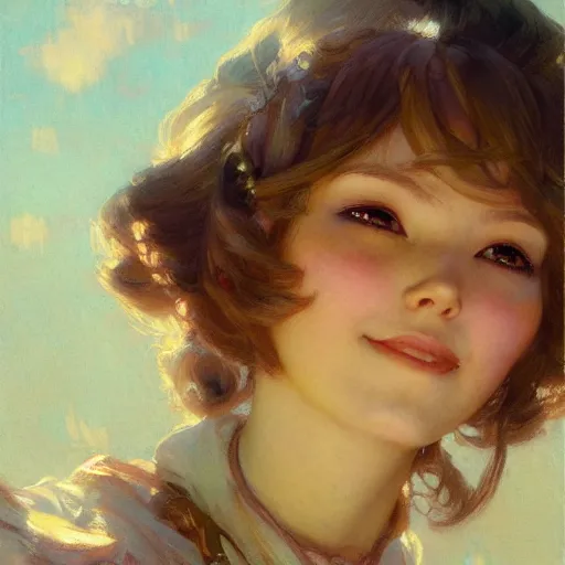 Prompt: a detailed portrait of am adorable anime girl, cute smile, closed eyes, painting by gaston bussiere, craig mullins, j. c. leyendecker