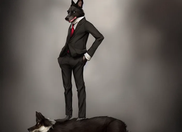 Prompt: wide angle beautiful full body portrait of a strong male anthropomorphic anthro border collie fursona in a suit sitting in a parlor room, character design by charlie bowater, henry asencio, and ross tran, disney, detailed, aesthetic, trending on artstation, furaffinity, deviantart