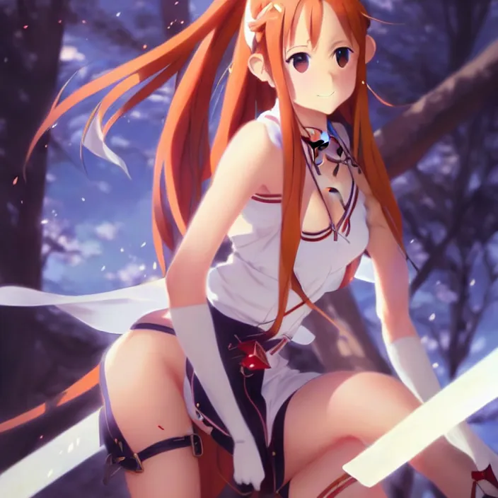 Image similar to very beautifu photo of asuna from sao, asuna by a - 1 pictures, by greg rutkowski, gil elvgren, enoch bolles, glossy skin, pearlescent, anime, maxim magazine, very coherent, mega detailed