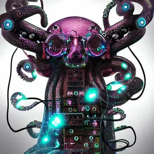 Image similar to cyberpunk octopus with headphones playing synthesizers, lights, lasers, music, highly detailed, realistic,