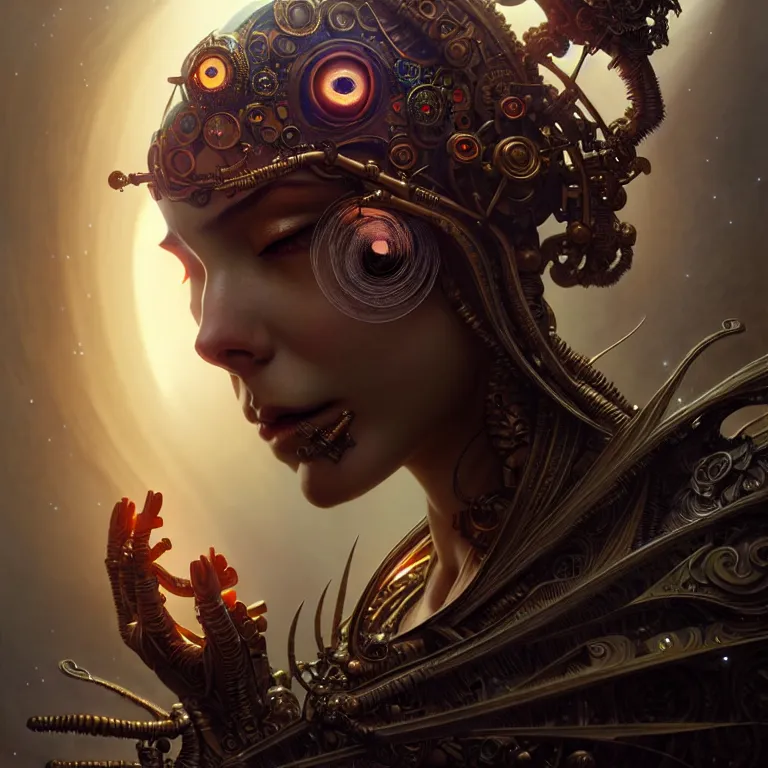 Image similar to ultra realistic beautiful cyborg deity eyes closed, fantasy, intricate details, movie still, highly detailed, photorealistic, octane render, eerie, 8k, art by artgerm and james clyne and greg rutkowski and alphonse mucha