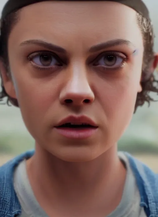 Image similar to Mila Kunis (buzzcut haircut) cast as Eleven, still from Stranger Things movie, hyperrealistic, 8k, Octane Render,