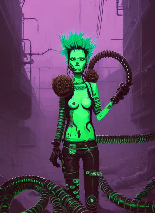 Image similar to highly detailed portrait of an moody wasteland punk long dripping green poison hair tribal lady, stray black rubber hoses by atey ghailan, james gilleard, by joe fenton, by greg rutkowski, by greg tocchini, by kaethe butcher, 4 k resolution, gradient purple, brown black and white color scheme!!! ( ( green flaming robotic sewer background ) )