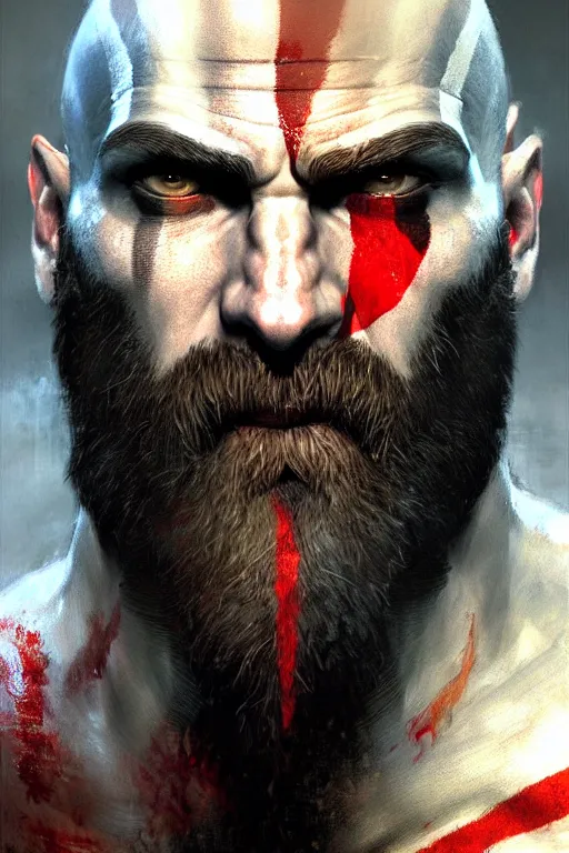 Image similar to god of war kratos face detailed portrait dnd, painting, brush strokes by gaston bussiere, craig mullins, greg rutkowski, yoji shinkawa