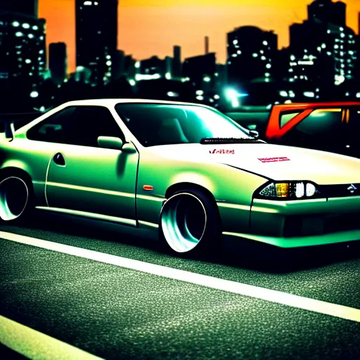 Prompt: a car Nissan Silvia at illegal car meet, Shibuya prefecture, city sunset, cinematic color, photorealistic, highly detailed